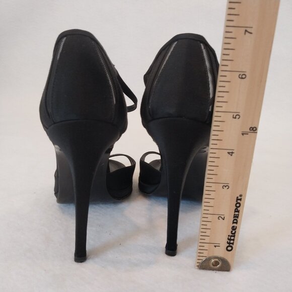 Gianni Versace 4.5" Heels Sandals Womens 37 / 7 Black Satin Mesh T Strap Italy - Picture 3 of 10
